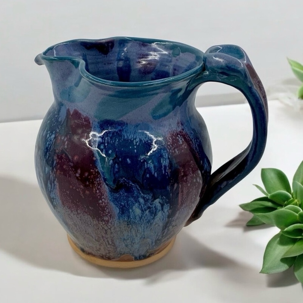 Vintage Mid-Century-Modern Handmade Studio Pottery Pitcher Blue Colored Signed - Picture 6 of 9